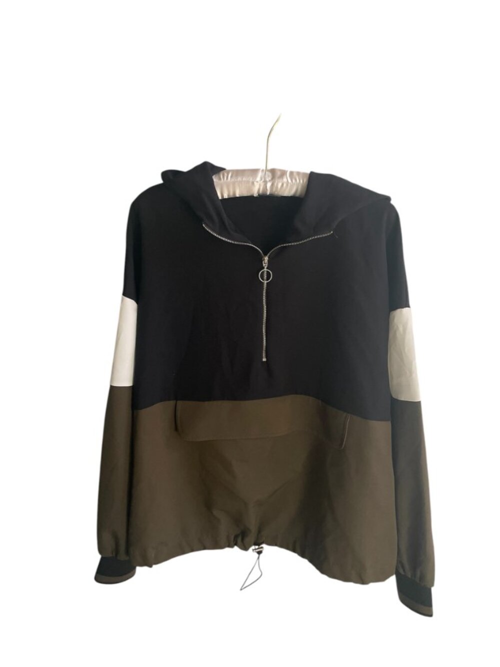 Zara Black/Olive Green 1/2 Zip Hooded Jacket Front Pocket Women's Large